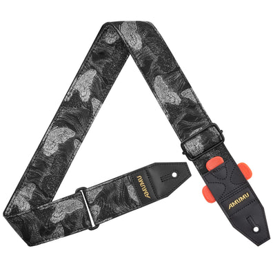 AMUMU Guitar Strap β 2" Black Silver Butterfly with Gold Thread, Sheer Polyester Top & Cotton Back, Top Grain Leather Ends with Pick Holder, Adjustable 38β63" for Acoustic, Electric, Bass Guitars